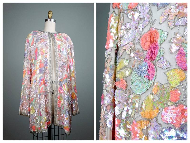 Schlichte Irisierende Pastell Pailletten Jacke/Heller Vintage Bunter Blazer Glitzernde Trophy Perlen-Jacke Xl Large von braxae