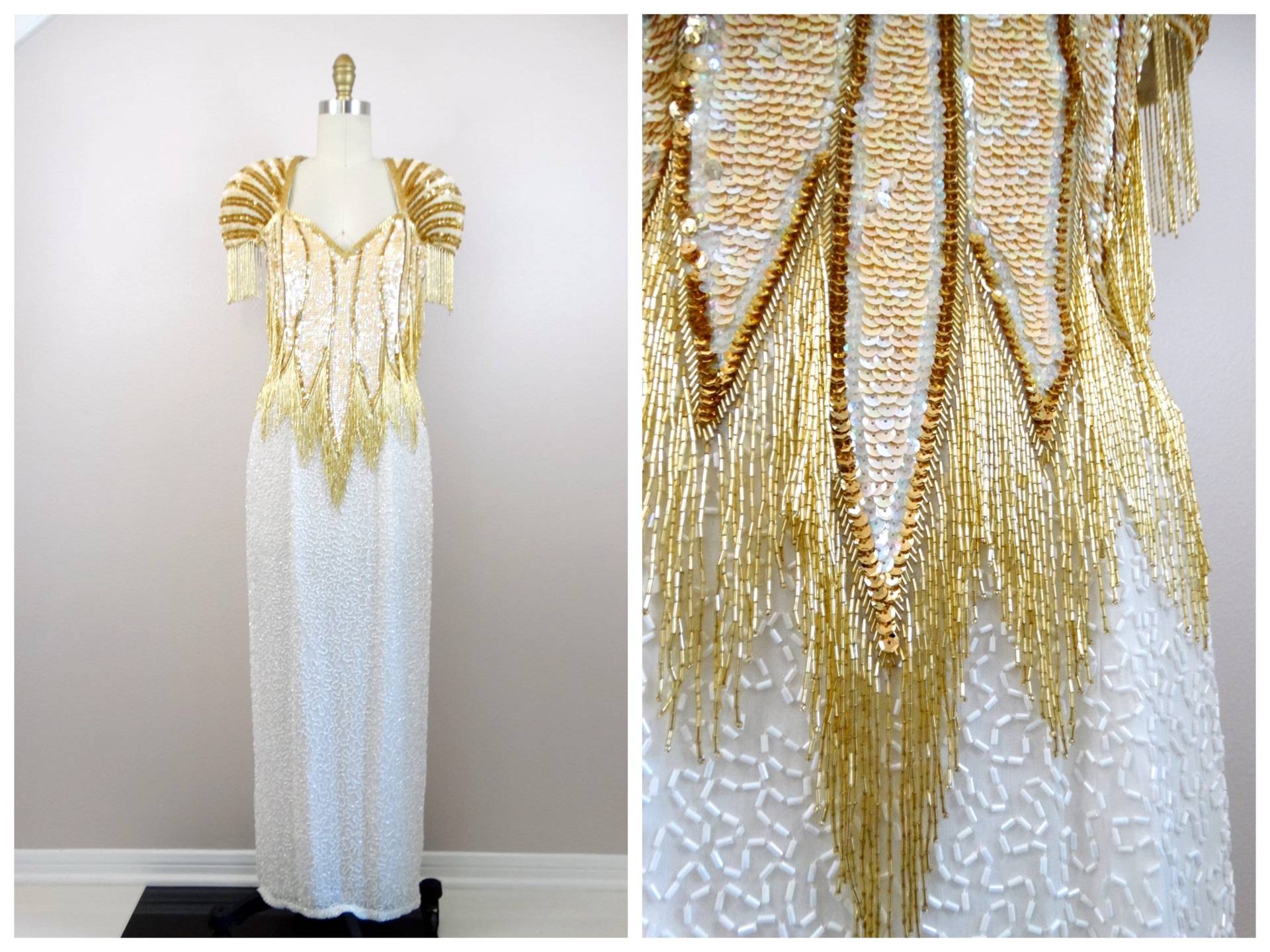 Schönes Gold Fringe Perlen Kleid // Avantgarde Vintage Couture Weißes Brautkleid Mit Offener Rücken von braxae