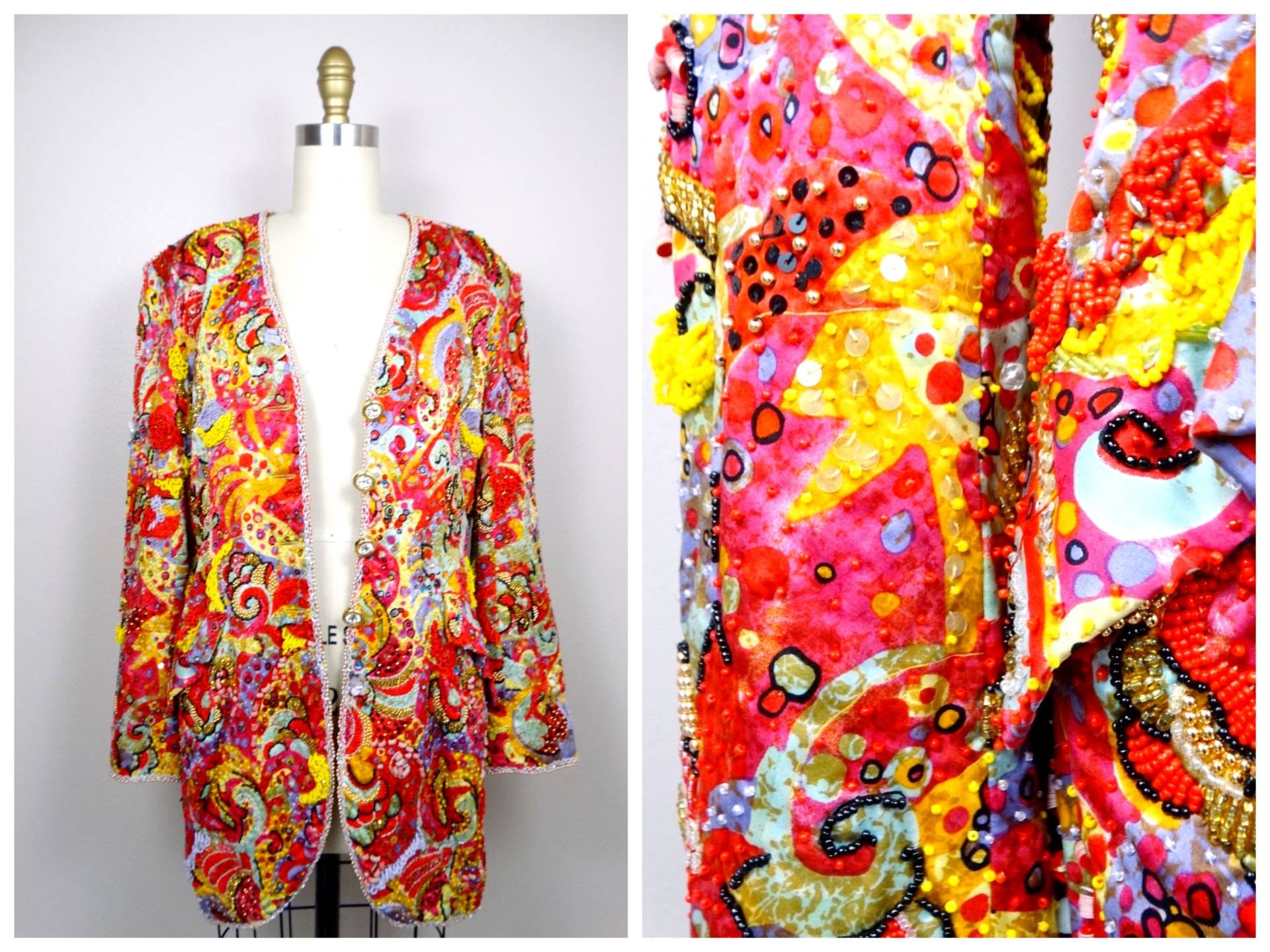 Schwere Juwel Perlen Jacke/Vintage Couture Stark Verzierter Blazer Rot Und Gelb Pailletten Bejeweled Mantel von braxae