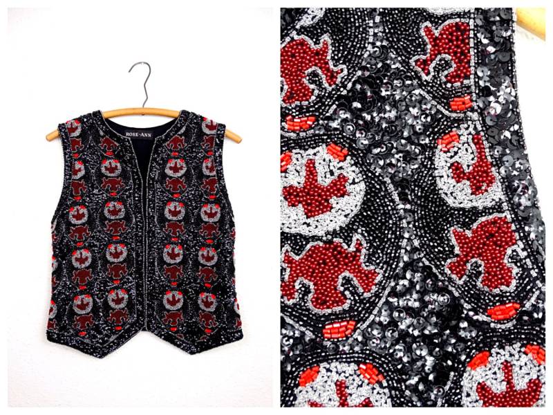 Schwere Perlenweste/stark Verziertes Schwarzes & Rotorangenes Mikroperlen-Paillettenoberteil von braxae