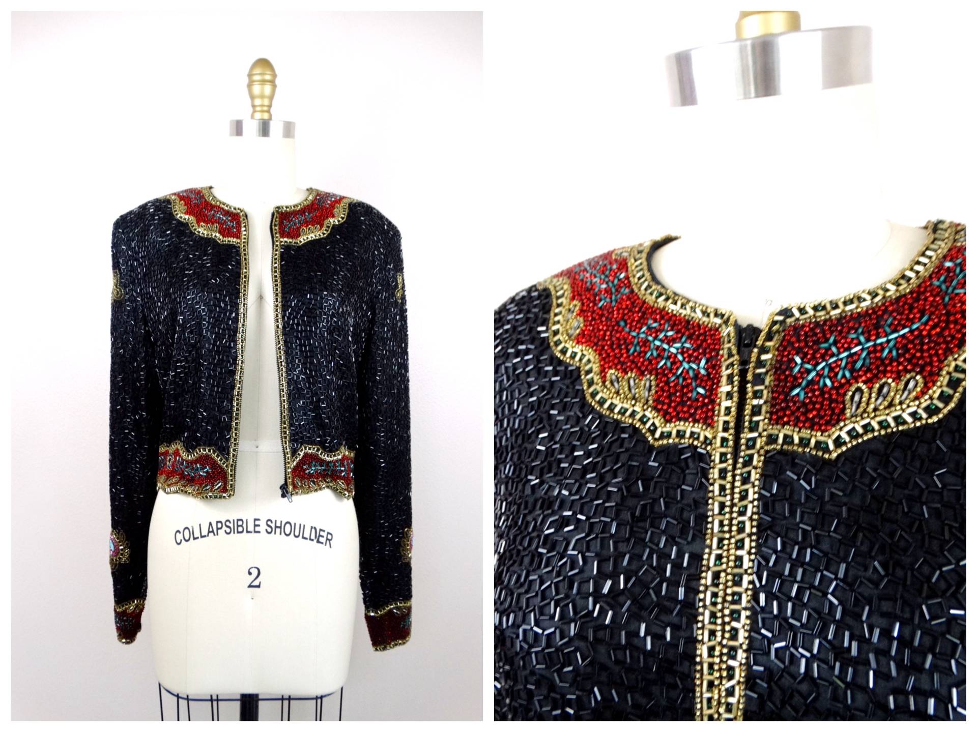 Schwere Perlen Bolero Jacke // Stark Verzierte Rot, Schwarz Und Gold Bugle Retro von braxae