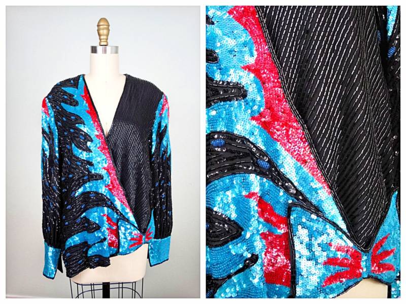 Schwere Perlen Designer Wickelbluse/Oleg Cassini Elegantes Cocktail-Abend-Top Rot, Blau, Schwarz Verzierte Bluse L Large von braxae