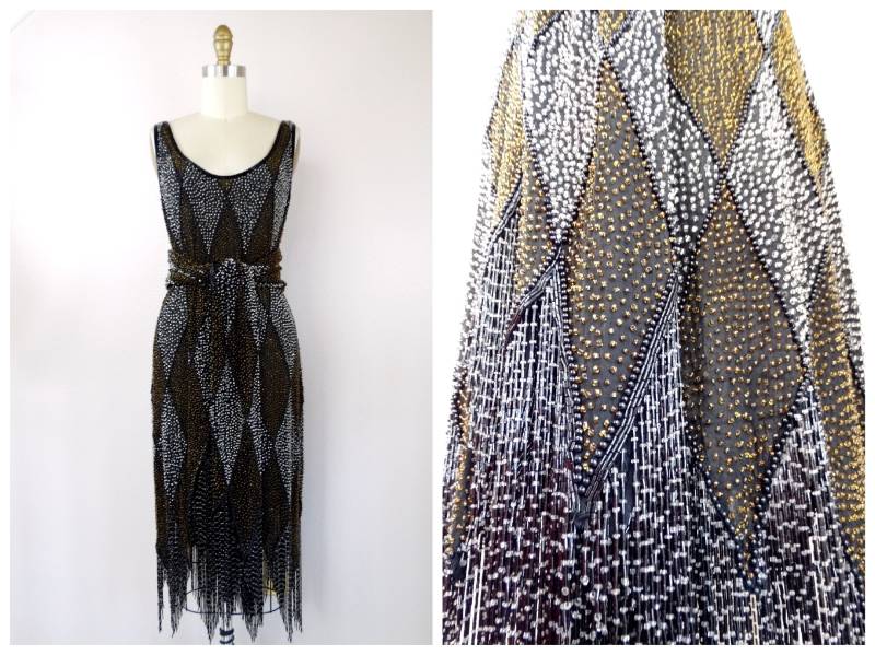 Schwere Perlen Fransen Kleid/Gold & Silber Art Deco Seide Voll Verzierte Harlekin Flapper W Fringed Schal Gürtel Schärpe von braxae