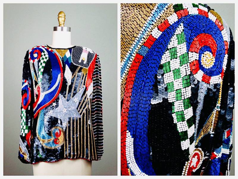 Schwere Perlen Skurril Top Stark Pailletten Bluse Abstrakt Zirkus Künstler Star Couture Vintage von braxae