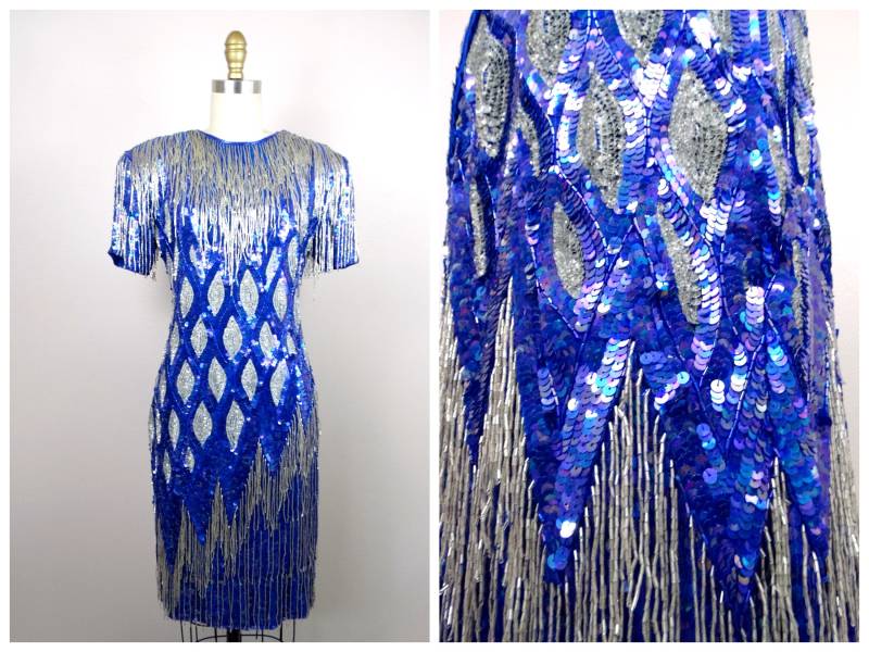 Schweres Perlenfransenkleid/Blau-Silber Perlenbesticktes Quastenkleid 80Er Partykleid Mit Fransen Und Pailletten von braxae