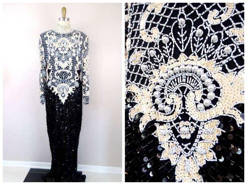 Schweres Perlenperlen-Kleid/Schwarz-Weißes Perlen-Kleid Mit Pailletten Stark Verziertes Seidenkleid von braxae