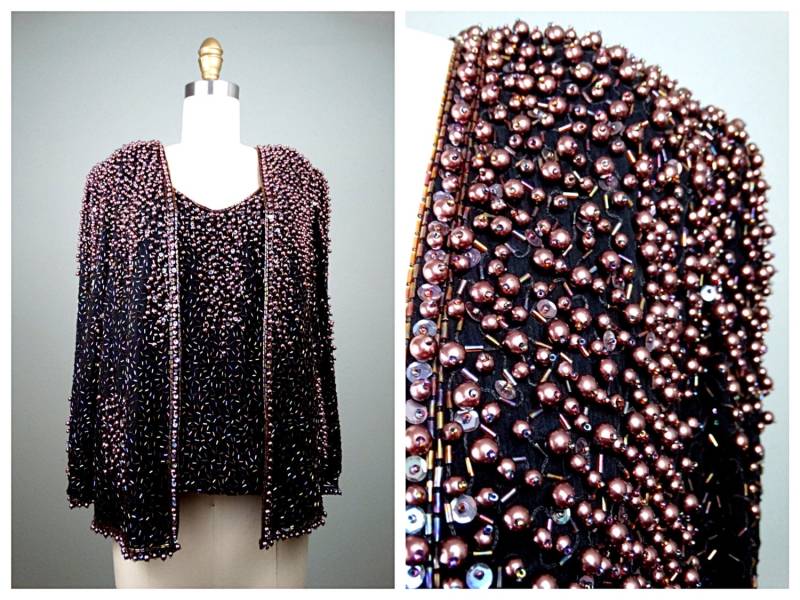 Schweres Perlenperlen-Top Und Jacke Von Judith Ann Creations/stark Verziertes Braunes Pailletten-Oberteil Abendjacke von braxae