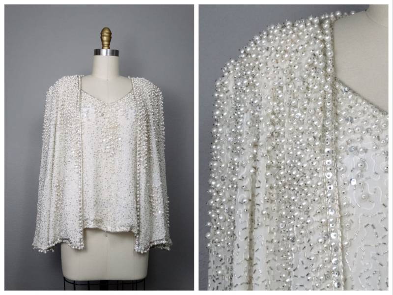 Schweres Perlenperlenbesetztes Top & Cardigan Jacke // Stark Perlenbesetztes Perlenverziertes Abend-Ensemble Von Judith Ann von braxae