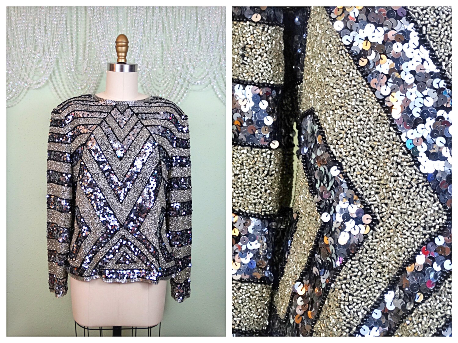 Schweres Spiegel Silber Pailletten Perlen Top/stark Verzierte Bluse S M von braxae