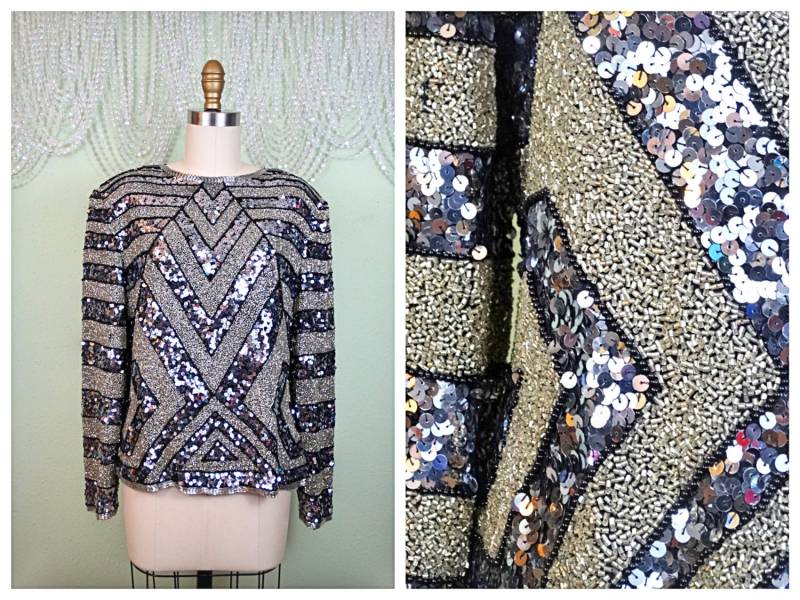 Schweres Spiegel Silber Pailletten Perlen Top/stark Verzierte Bluse S M von braxae