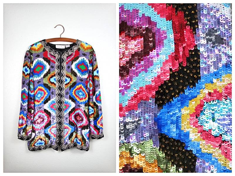 Seltene Abstrakte Pailletten-Jacke // Multifarbiger Retro Pailletten-Blazer von braxae