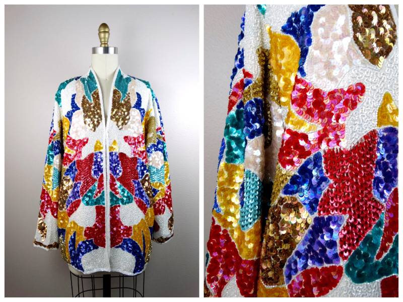 Seltene Bunte Paillettenjacke/Vintage Jacke Mit Hellen Perlen Bunte Trophy-Applikation von braxae