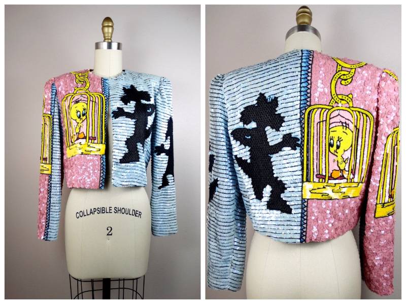 Seltene Cartoon Pailletten Verzierte Jacke/Neuheit Alle Sequined Perlenjacke Von Jeanette Platinum von braxae