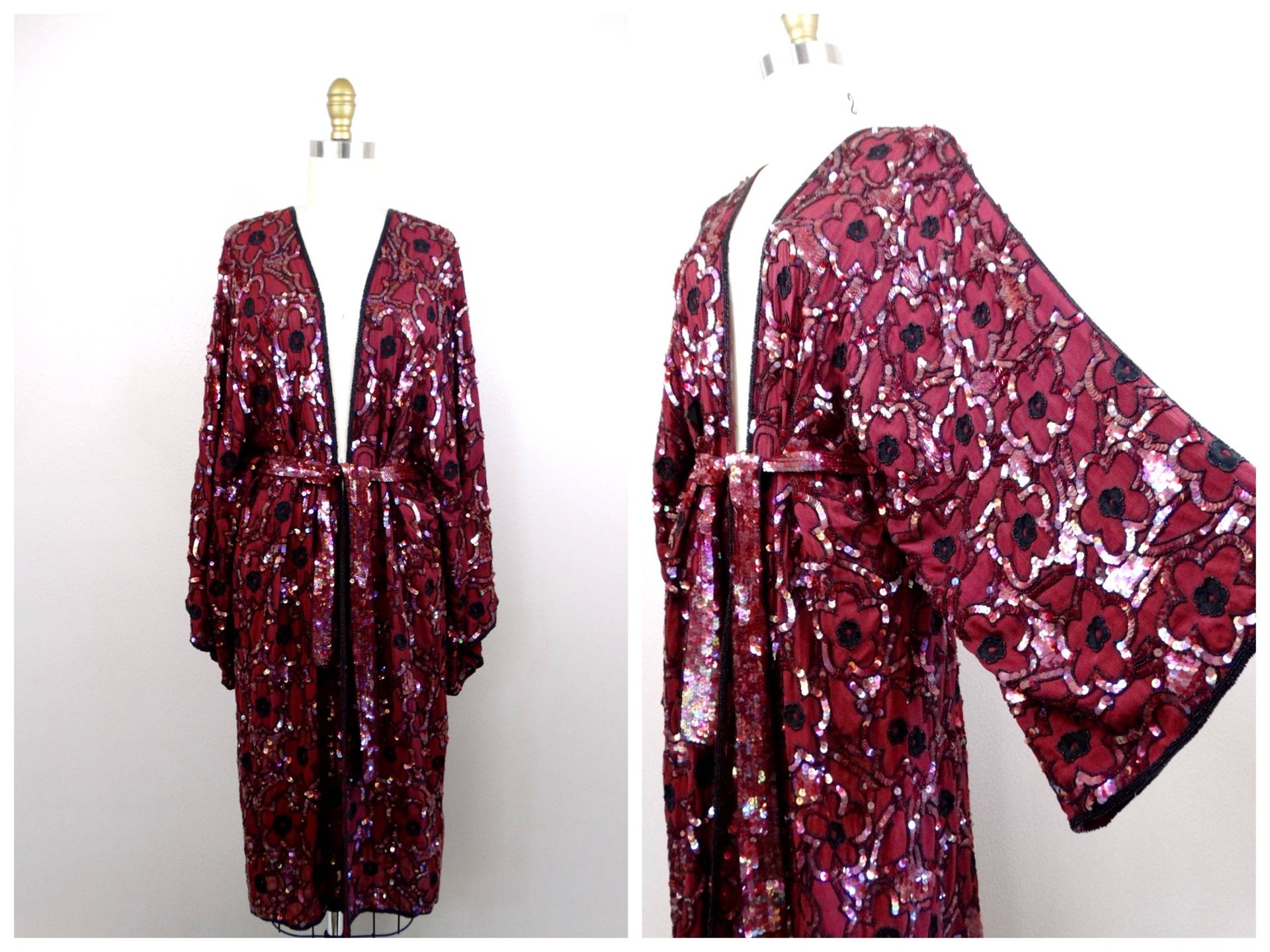 Seltene Couture Pailletten Perlen Kimono Duster/Boho Neuheit Offener Kaftan Burgund Blumen Vintage Glam Robe Mit Gürtel von braxae