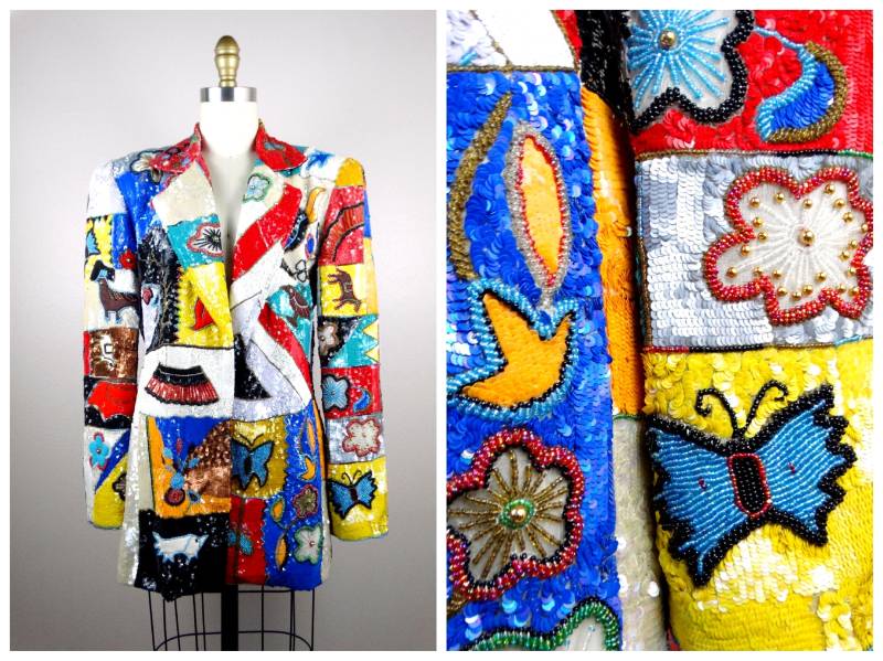 Seltene Couture Patchwork Perlen Blazer/Retro Colorblock Neuheit Szene Pailletten Jacke St. Martin Von Jeanette von braxae