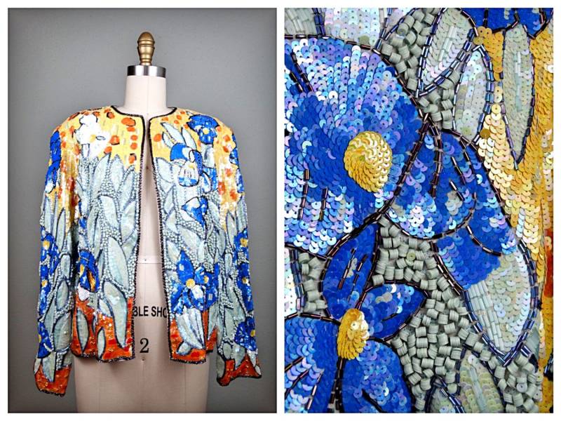 Seltene Iris Deco 3D Pailletten Jacke/Helle Blumen Perlenbesetzte Tragbare Kunst-strickjacke von braxae