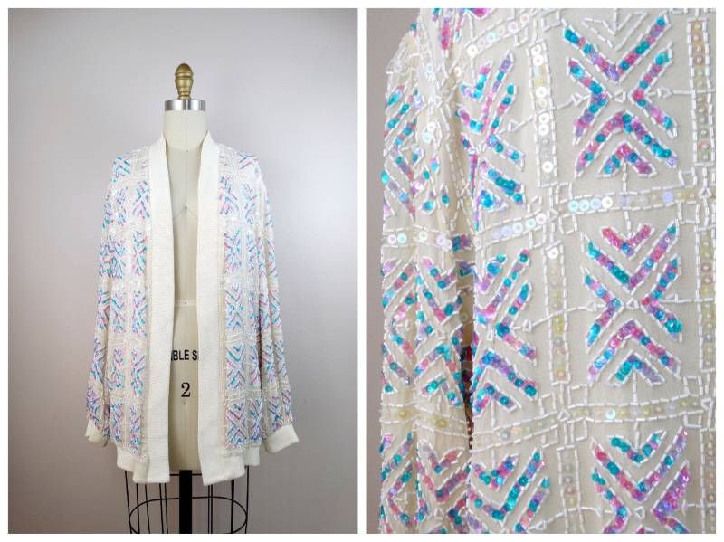 Seltene Irisierende Pailletten Pastell Bomberjacke/Vintage Pink Blau Und Weiß Perlen Karierte Oversized Windjacke von braxae
