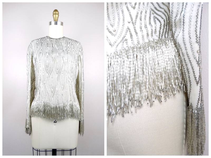 Seltene Kristall Perlen Fransen Top // Stark Verziertes Strass Besetztes Seiden Crop High-End Vintage Designer Couture von braxae