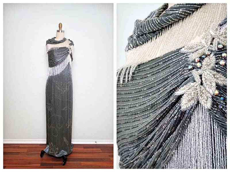 Seltene Kristall Perlen Kleid Von Neiman Monitors // Graue Seide Mit Perlenfransen Vintage Glam Abendkleid Brautmutterkleid von braxae