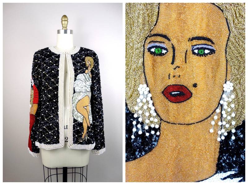 Seltene Marilyn Monroe Perlen Paillettenjacke/Vintage Retro Pop Art Deco Komplett Verzierte Neuheit Strickjacke Museum Qualität Tragbare Kunst von braxae