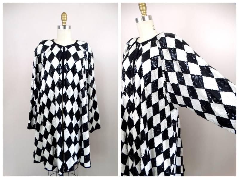 Seltene Mod Pailletten Mantel/Retro Schwarz-Weiße Duster Funky Harlekin Hand Perlen Jacke O S von braxae