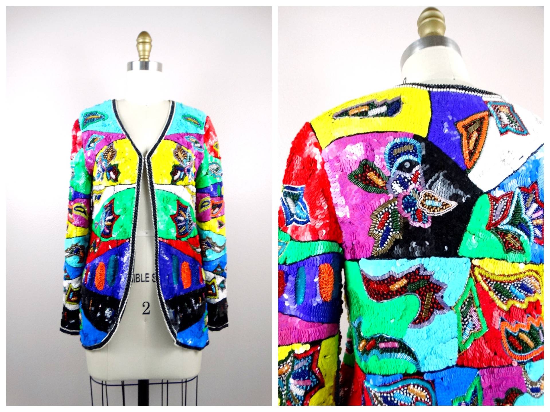 Seltene Neon Pailletten Jacke/Color Block Vintage Verzierte Wow Opt Art Perlenjacke Kleine von braxae