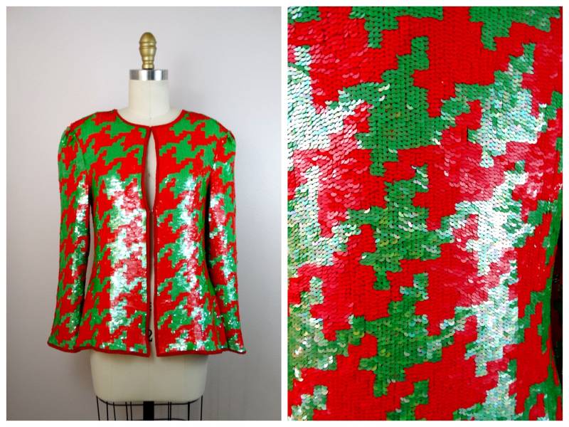 Seltene Neonrote Pailletten Jacke // Funky Formelle Strickjacke Rot Und Grüner Hahnentritt Blazer von braxae