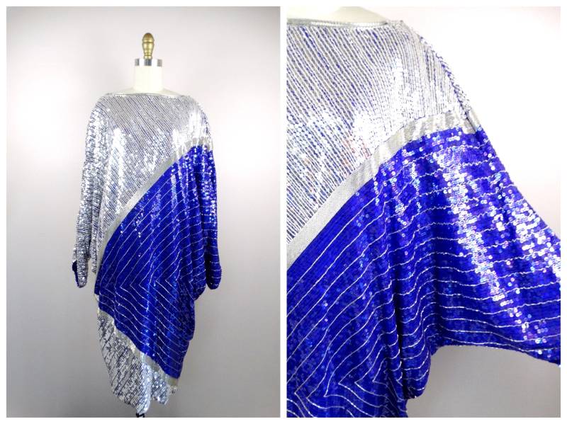 Seltene Pailletten Perlen Kaftan Kleid/stark Verzierte Spiegel Silber & Lila Oversized Dolman von braxae