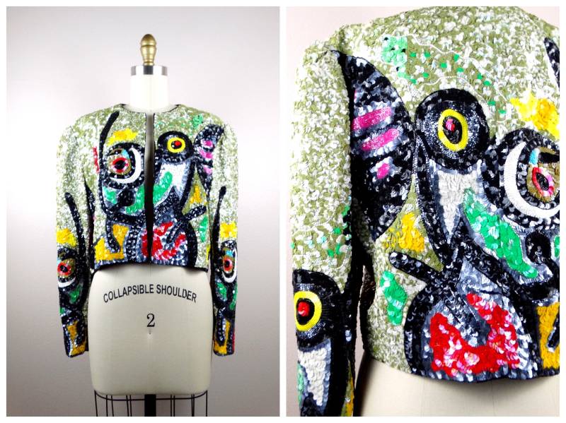 Seltene Paillettenverzierte Kurzjacke/Komplett Paillettenbesetzte Kunst Retro Vintage Designer Bolero von braxae