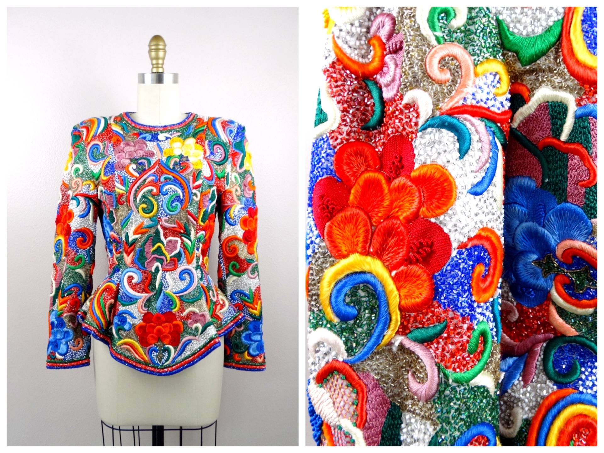 Seltene Regenbogen Couture Perlen Top/One Of A Kind Bright Bead Embellished Hand Bestickt Bluse Vintage Designer von braxae