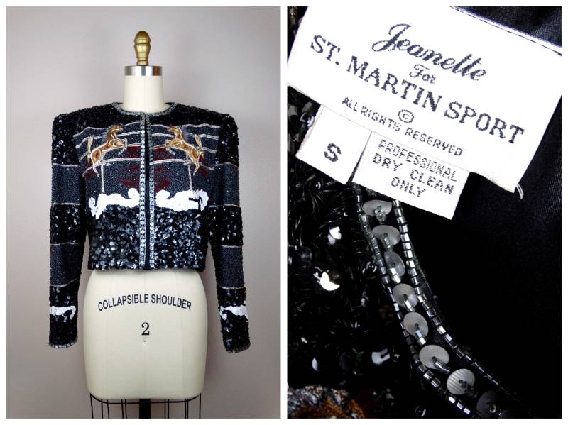 Seltene Reiter Pailletten Bolero/Jeanette Kastenberg St. Martin Bestickte Jacke Pferdeliebhaber Sequin Perlen Kurzjacke Klein von braxae