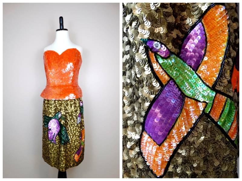 Seltene Vogel Pailletten Rock/90Er Jahre Neuheit Abstrakte Vögel Perlen Kleid Orange Und Gold Verziertes One Of A Kind Statement Piece von braxae