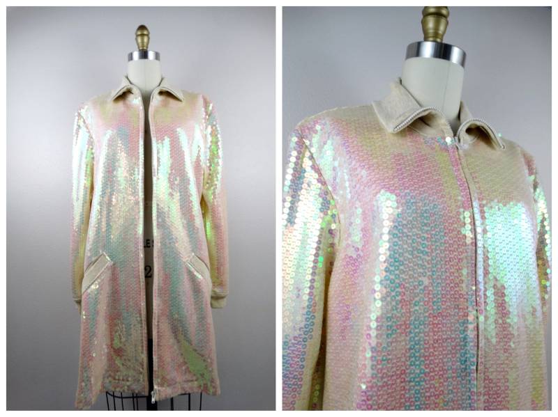 Seltener, Irisierender Pailletten-Kleidermantel // Lange Jacke Mit Perlglanz-Sequins Schillernder Pailletten-Mantel Reißverschluss von braxae