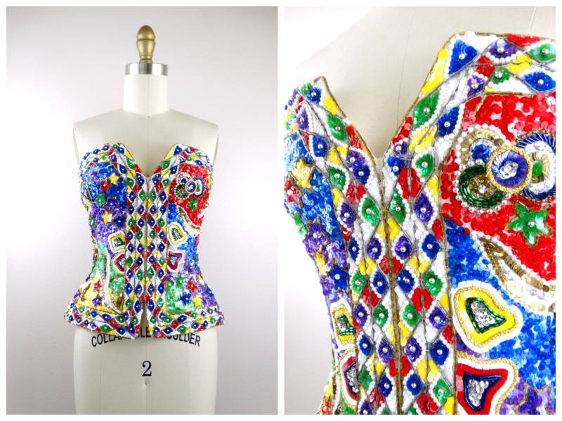 Skurrile Perlen Pailletten Bustier/Buntes Korsett Top Helles Verziertes Trägerloses Us Größe 6 von braxae