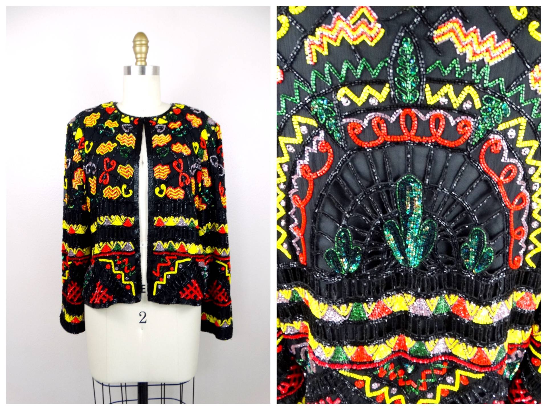 Southwestern Cactus Beaded Jacket/80S Retro Western Paillettenjacke Mit Neonperlen von braxae