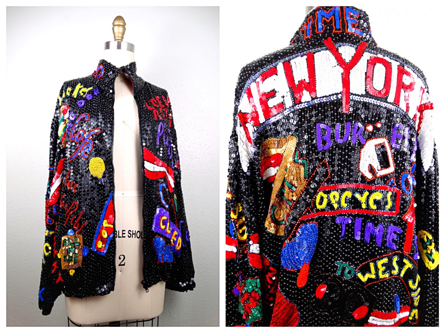 Times Square Pailletten Bomberjacke // New York City Retro Paillettenjacke Sz Extra Large Xl von braxae