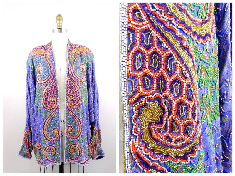 Übergröße Lila Und Gold Perlen Jacke Shrug/Retro Pailletten Funky Dolman Sleeve Overcoat Xl von braxae