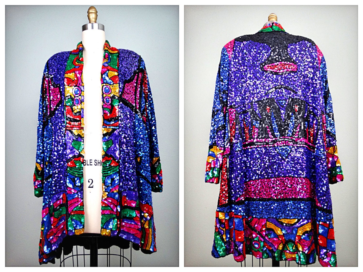 Unglaublicher Retro Paillettenbesetzter Swing-Mantel/Bunte Paillettenbesetzte Lange Jacke Heller Offener Kaftan Glamouröser Vintage Duster von braxae