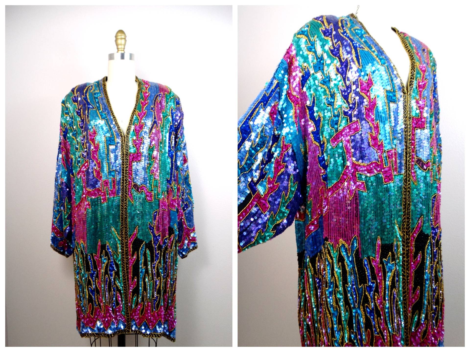 Unglaublicher Sequin Duster/Bunte Lange Kimono Jacke Ärmel Offen Kaftan Von Judith Ann Creations O S von braxae