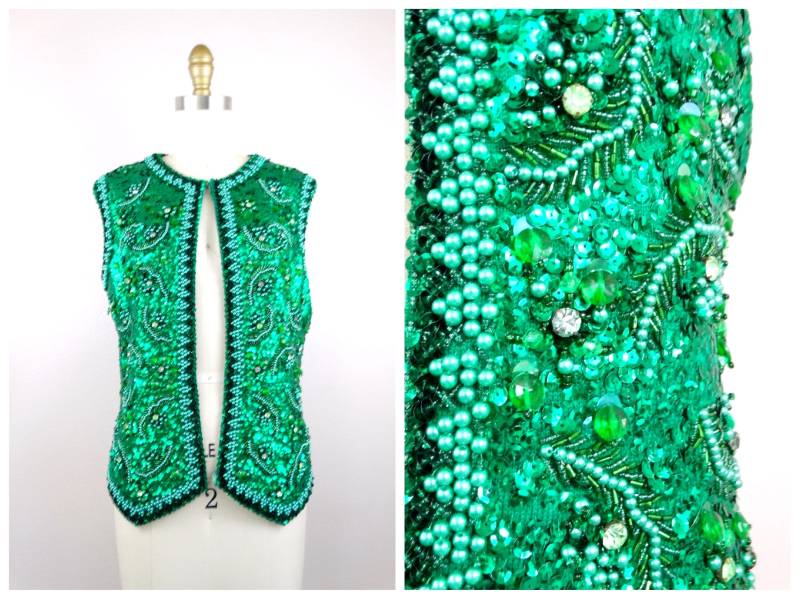 Valentina Strass Weste // Smaragdgrüner Pailletten Shrug Mit Juwelen Helles Grünes Perlen Zip Up Top von braxae
