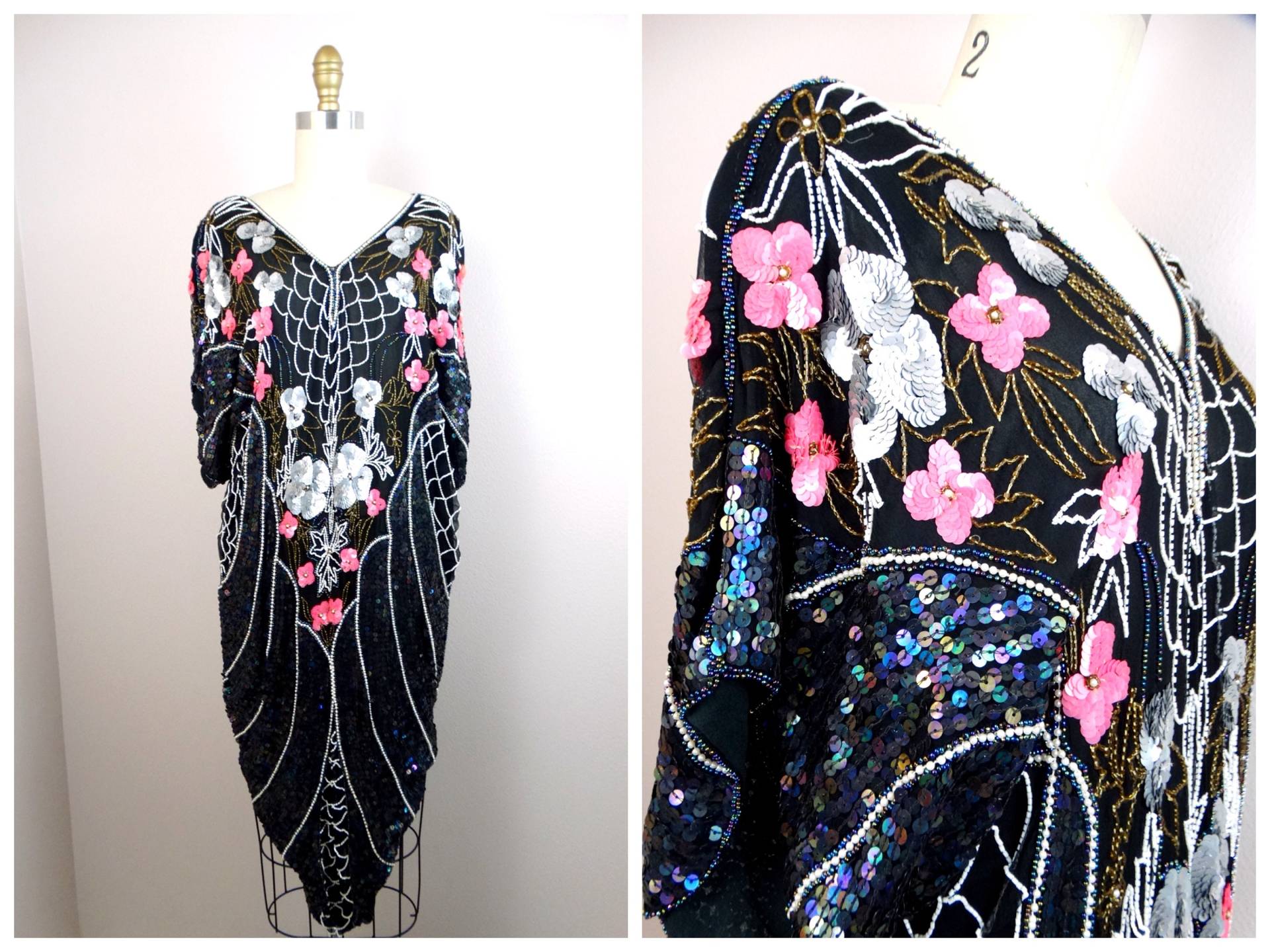 Vintage Floral Pailletten Kaftan Kleid/Oversized Schwarz Weiß Und Rosa Perlen Dolman von braxae