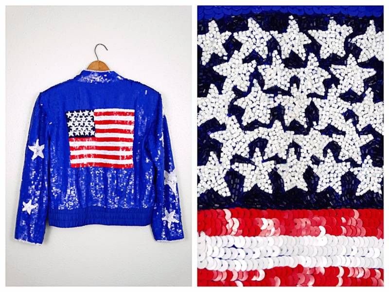 Vintage Komplett Pailletten Bomber Jacke/80Er Jahre Rot, Weiß & Blaue Usa Retro Flagge Und Sterne Perlenjacke von braxae