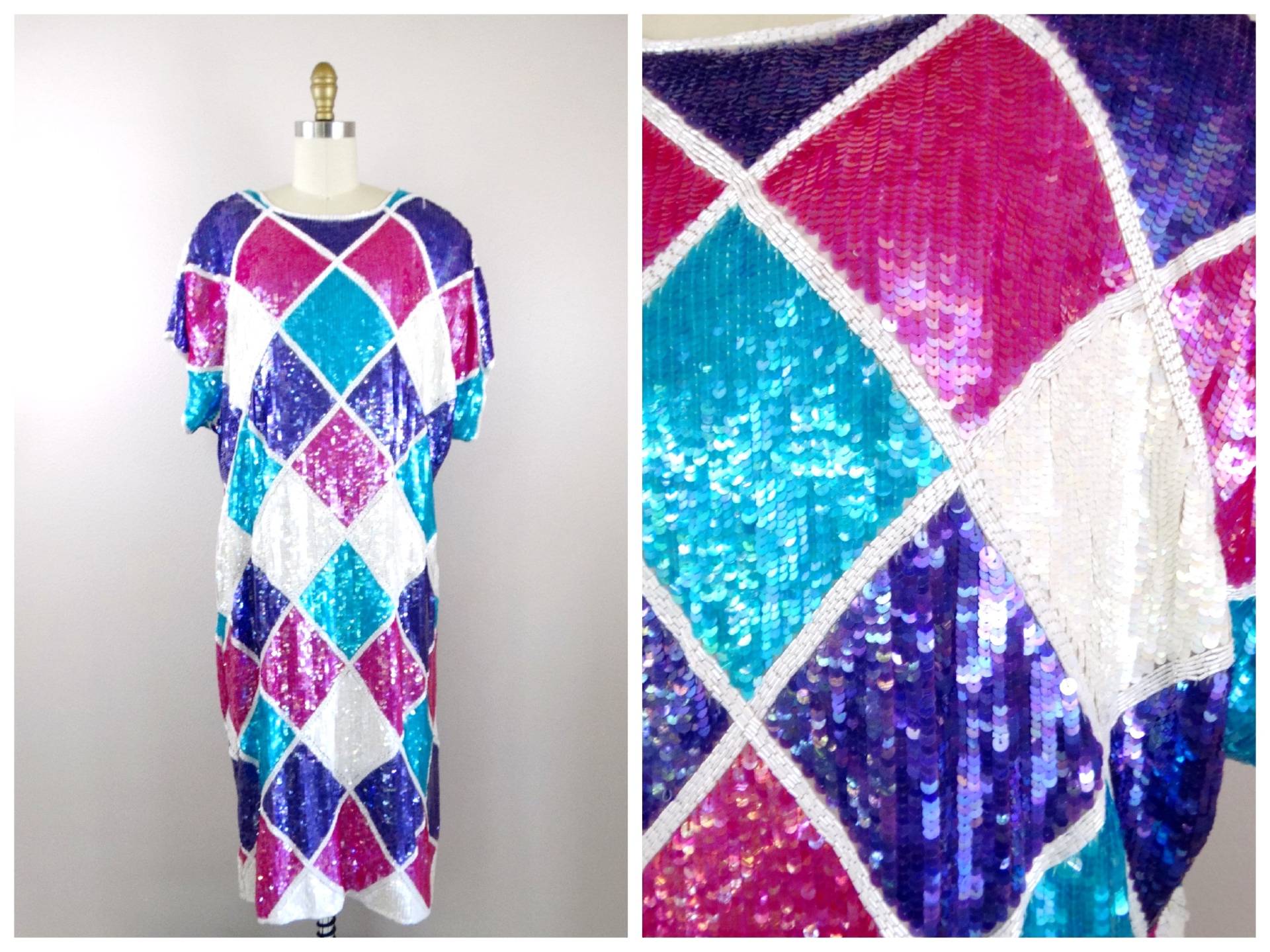 Vintage Paillettenkleid in Übergröße // Rosa, Blau Und Weißes Partykleid Besetztes Cocktailkleid Für Frauen von braxae