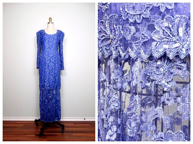Vintage Perlen Pailletten Kleid/Für Die Braut Lila & Blaue Spitze Abendkleid von braxae