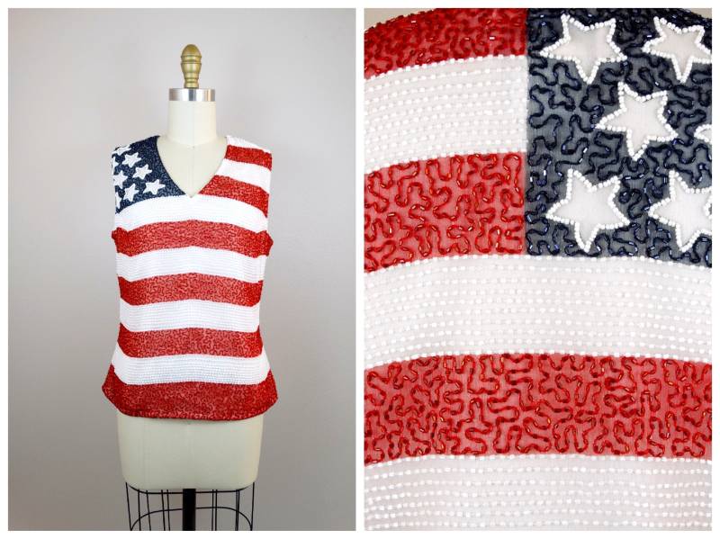 Vintage Usa Flagge Perlenoberteil/Rot, Weiß Und Blaue Retro Sterne Streifen Verzierte Bluse von braxae