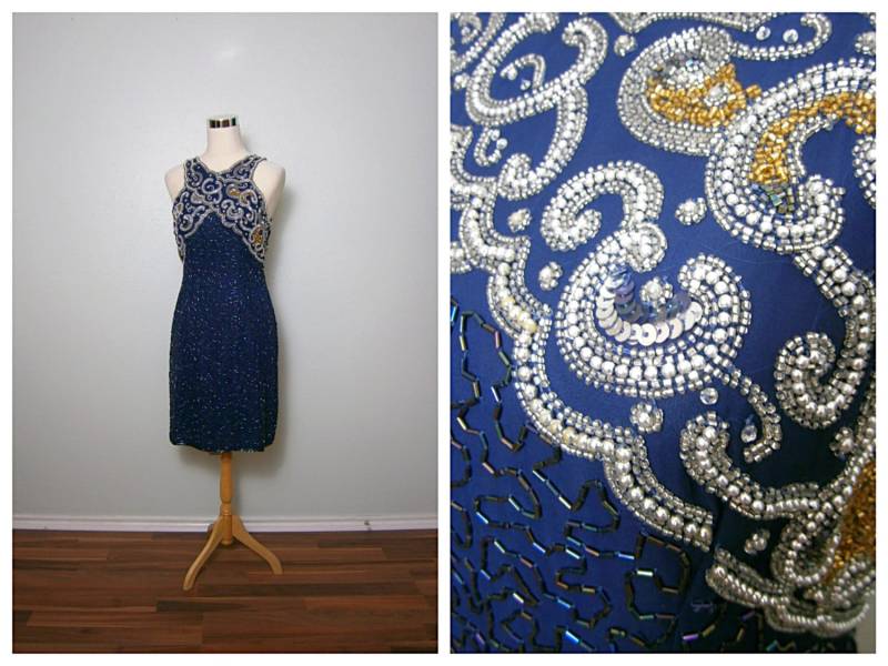 Voll Perlenbesetztes Marineblaues Kleid // Vintage Cocktailkleid Criss Cross Back Beading Dress Medium M von braxae