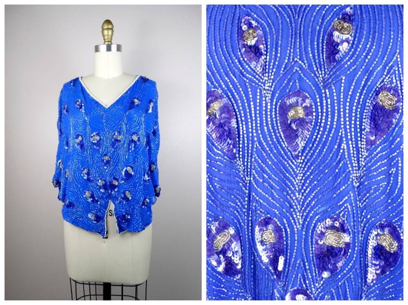 Vtg Blue Butterfly Beaded Top/80Er Jahre Pailletten Fledermaus Bluse Pfauenfedern Oversized Dolman Poncho von braxae