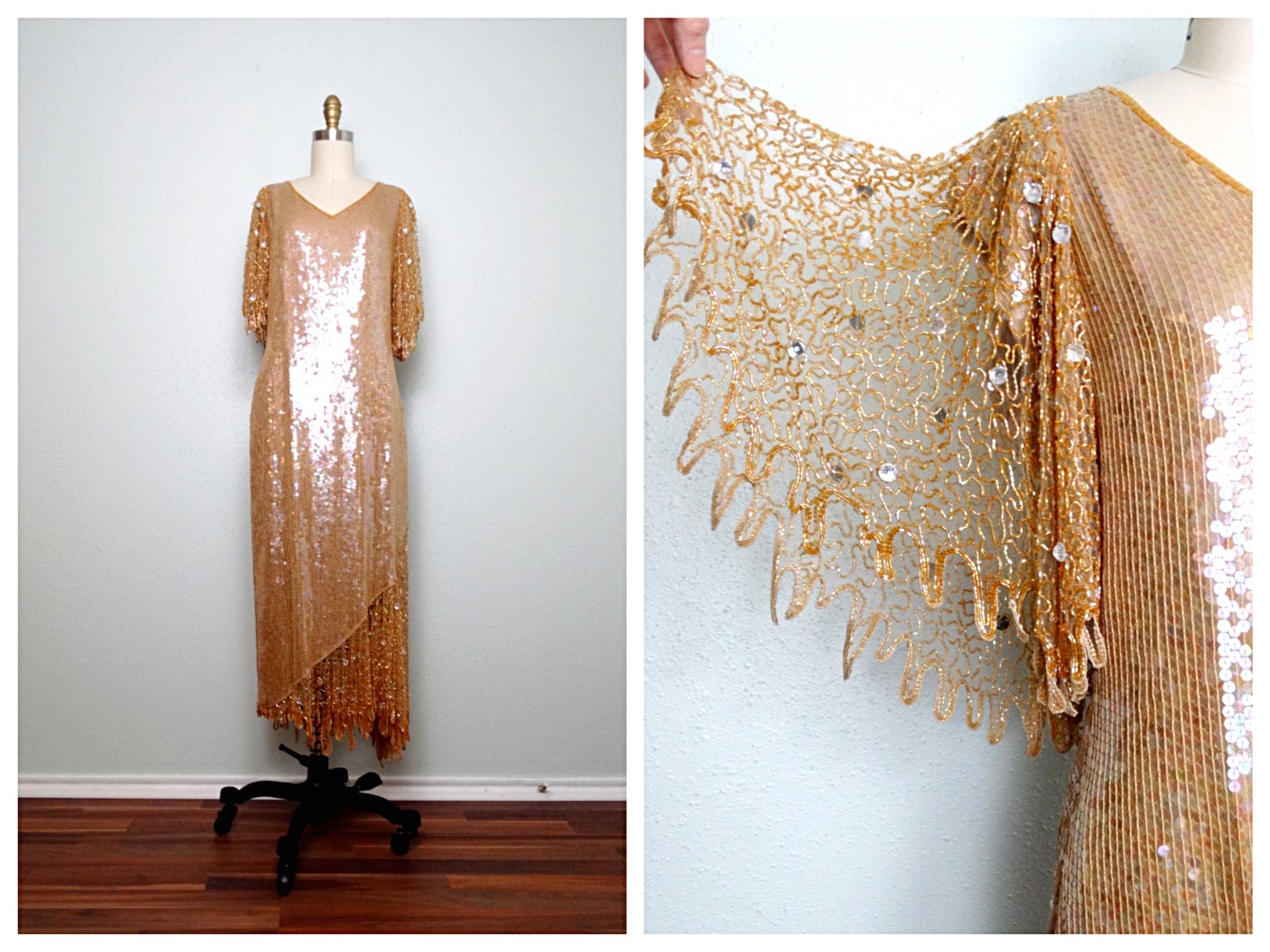 Vtg Champagner Goldenes Paillettenkleid Schillerndes Goldverziertes Kleid Goldene Göttin Art-Deco-Kleid Mit Flatterärmeln von braxae