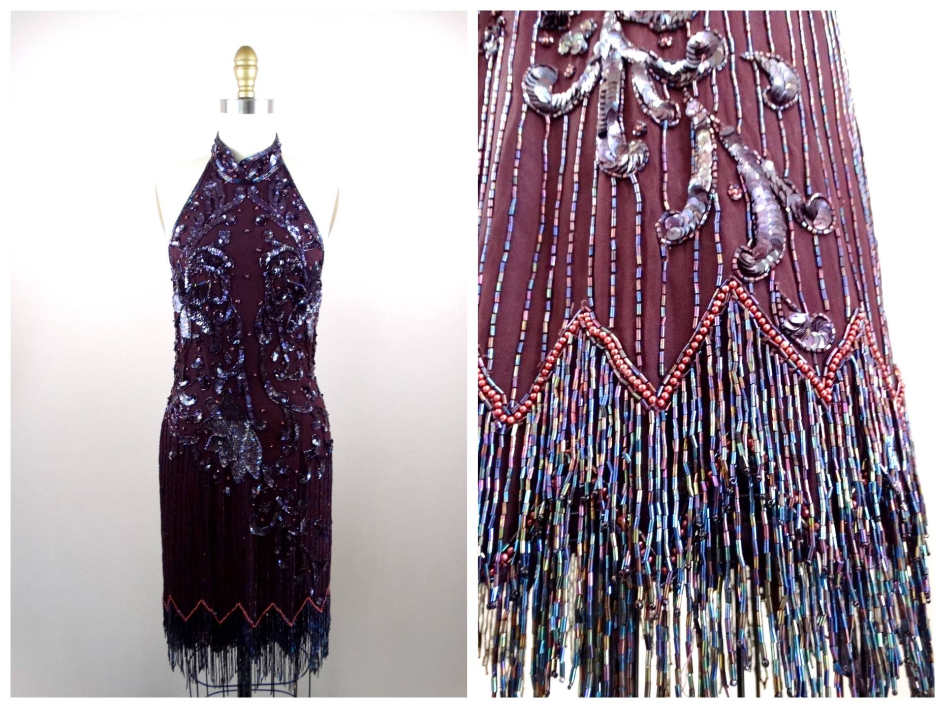 Vtg Fransen Perlen Kleid // Fringed Bead Verschönertes Burgundy Maroon Weinrotes Seiden Pailletten Minikleid von braxae