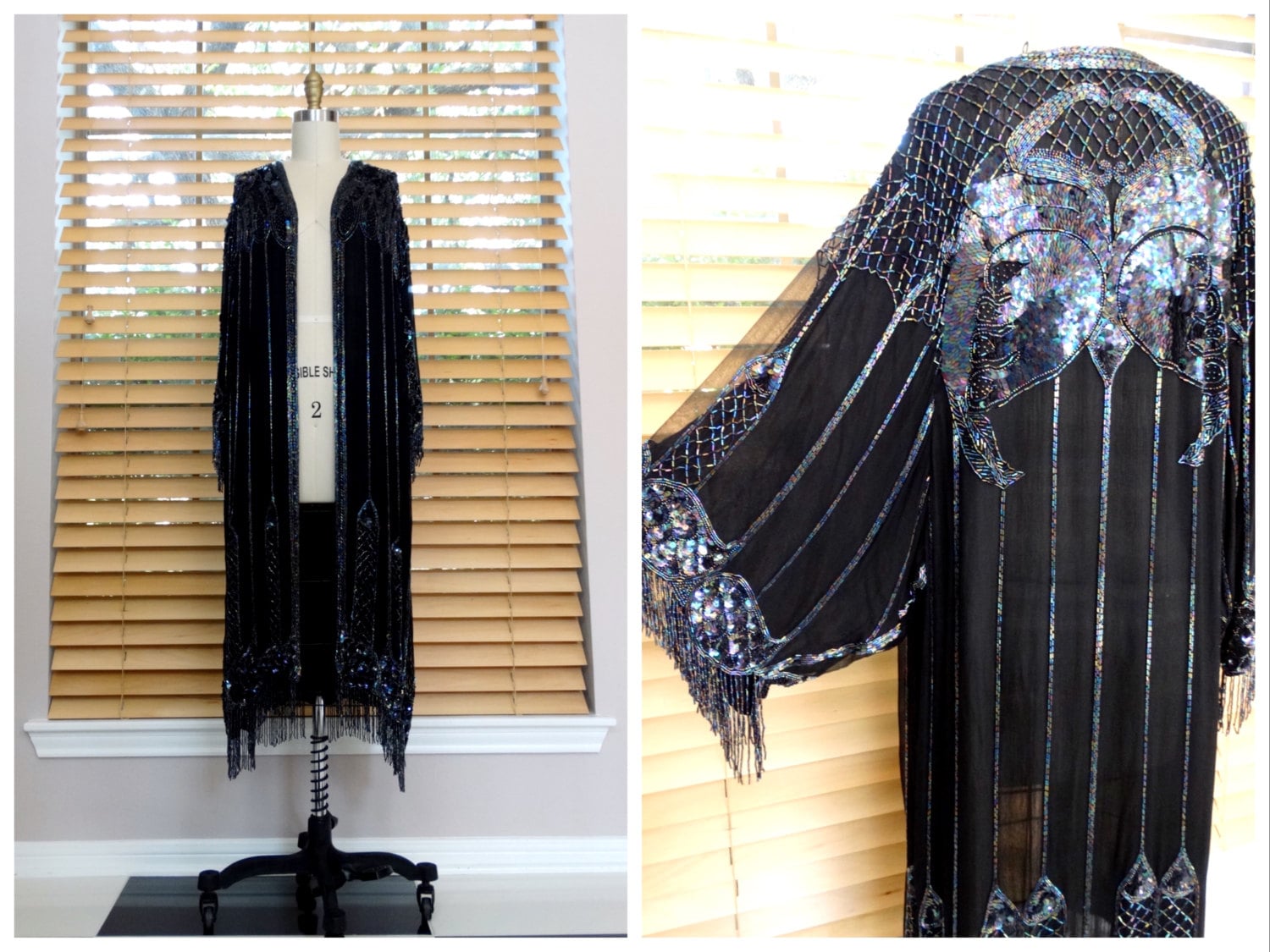 Vtg Fransen Perlen Lange Duster Jacke/Boho Neuheit Offener Kaftan Art Deco Schwarzer Seiden Pailletten Kimono O S von braxae